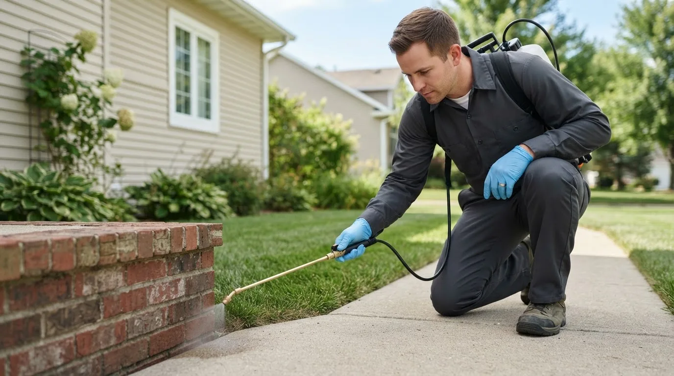 Pest control technician treating a home near Malverne, NY